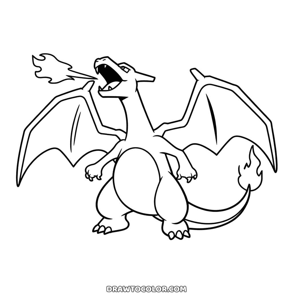 Charizard standing with wings spread and a jet of flame from its open mouth, a Pokémon coloring page