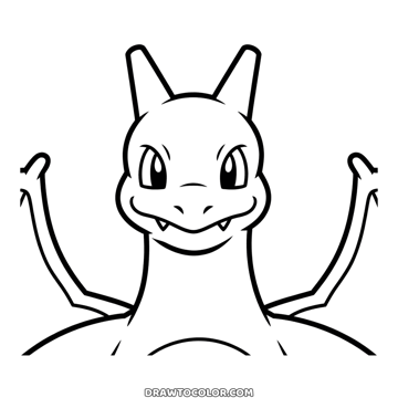 Easy coloring page of the Charizard Pokémon head with two horns, a fanged grin and its wing tips