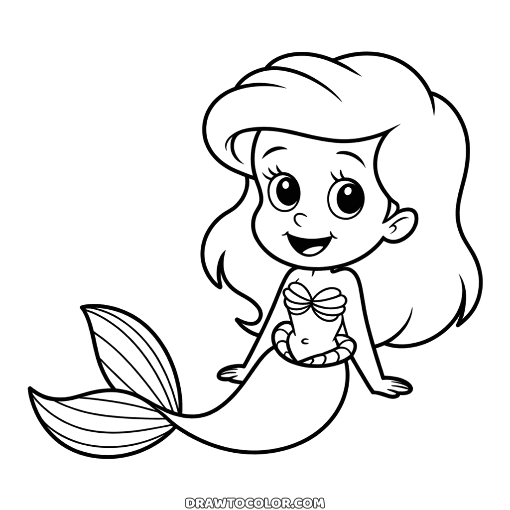 Easy drawing of chibi Ariel with a big round head, huge eyes and a short tail, sitting and laughing