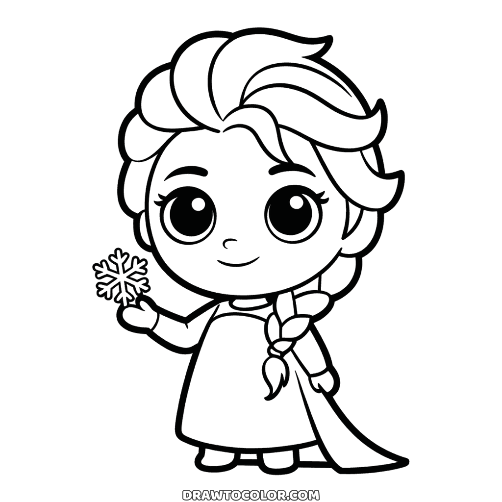 Chibi Elsa from Frozen, a coloring sheet with huge round eyes, a side braid and a snowflake in her hand