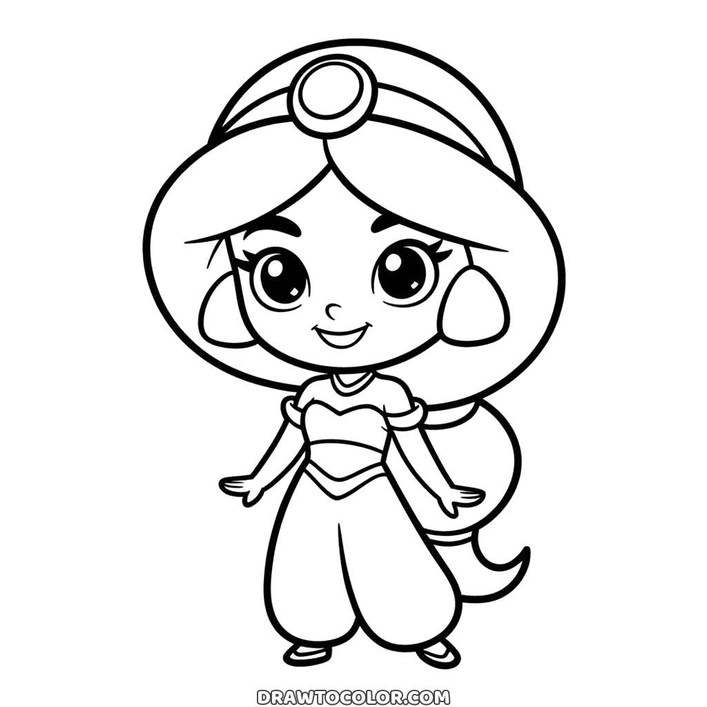 Chibi Jasmine to color, with a big jeweled headband, hoop earrings and puffy harem pants