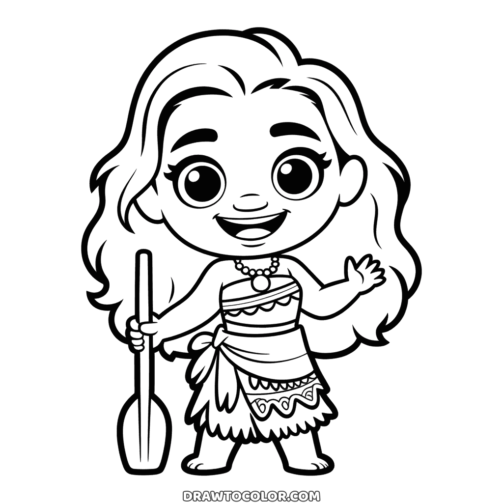 Chibi Moana holding an oar upright and waving, an easy drawing with big eyes and a patterned skirt