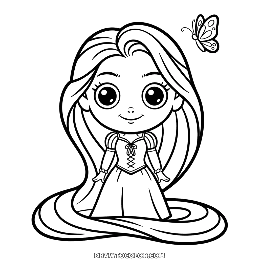 Chibi Rapunzel in a laced dress, an easy drawing with a butterfly and her hair coiled at her feet