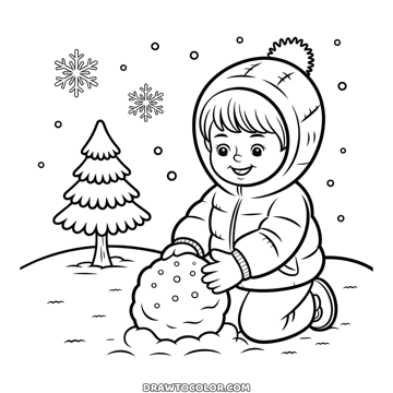 Enfant à genoux qui roule une grosse boule de neige pour faire un bonhomme, un dessin d'hiver à colorier