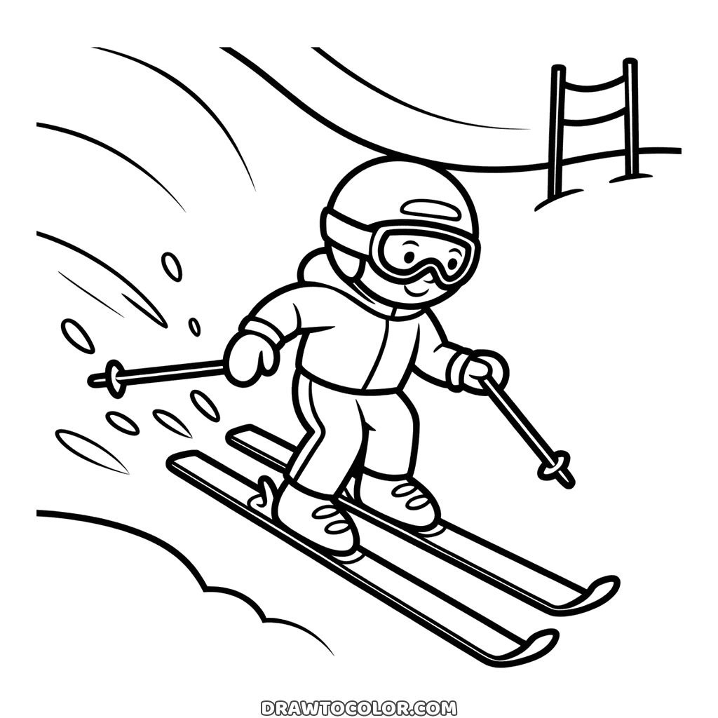 Dibujo de esquí en invierno: niño con casco y gafas bajando la pista, gratis para colorear