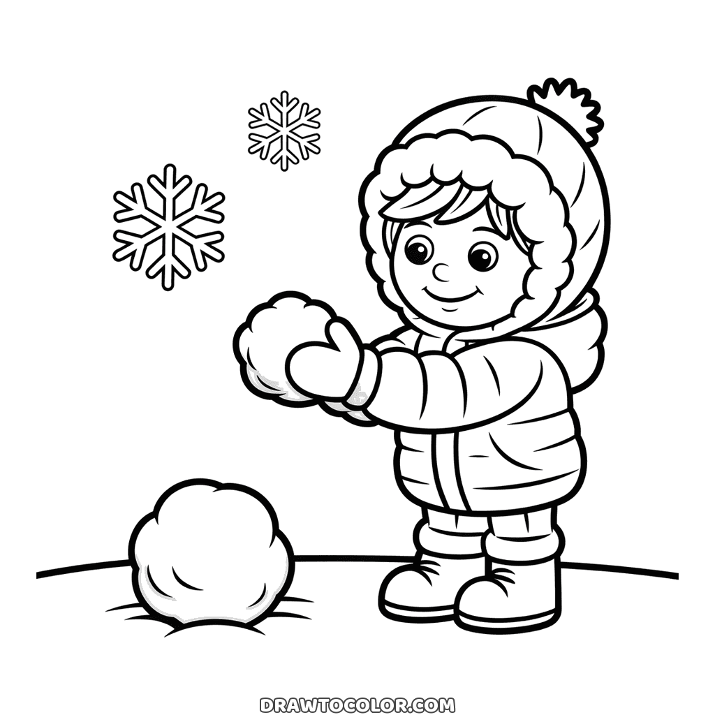Guerra de bolas de nieve en invierno: un niño alegre con capucha y una bola en alto, para colorear