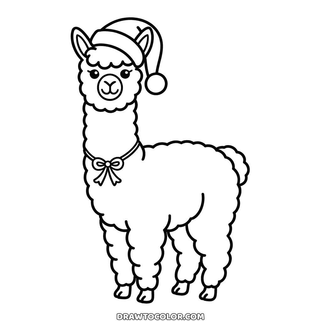 Alpaca di Natale lanoso col cappello rosso e un fiocco sotto il mento, da colorare