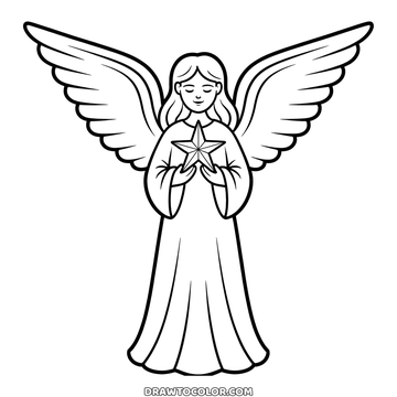 Christmas angel to color for older kids, feathered wings and a long dress, a star held in both hands