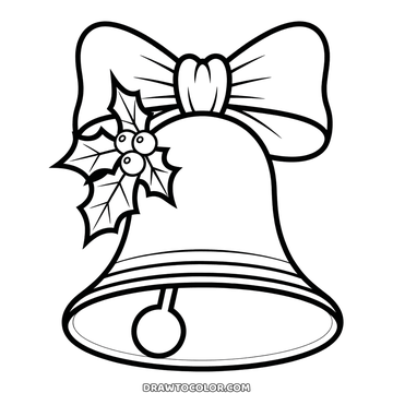 Easy coloring page of a Christmas bell for preschool, under a ribbon bow and three holly berries