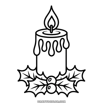 Easy Christmas candle coloring page, wax dripping down the sides and two berries in the holly