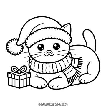 Gato echado con gorro de Santa y bufanda gruesa con flecos junto a un regalito, dibujo de Navidad acogedor