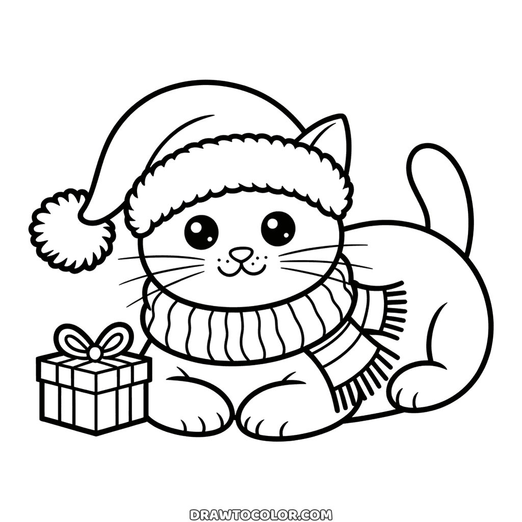 Katze liegt mit Weihnachtsmütze und dickem Fransenschal neben einem kleinen Geschenk, gemütliches Bild zum Ausmalen