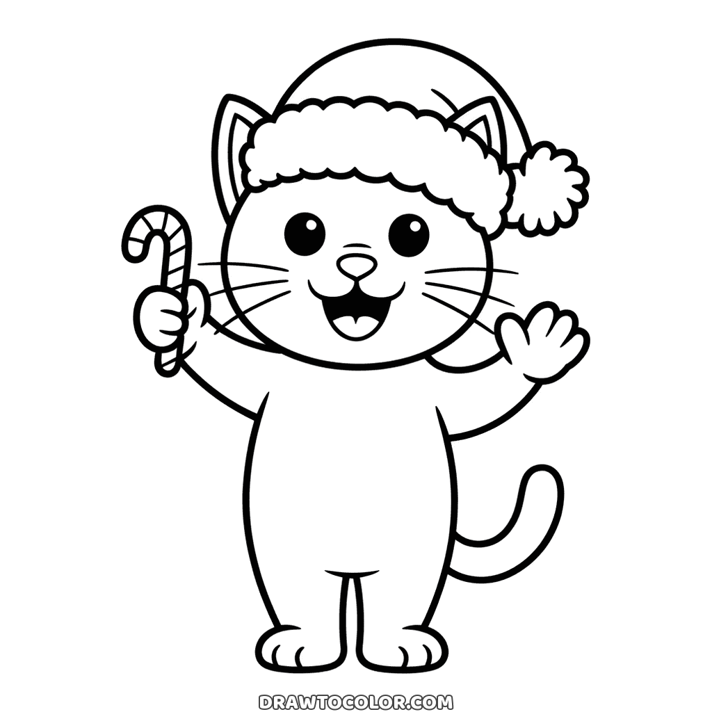 Lachende kat met kerstmuts die zwaait en een zuurstok omhooghoudt, een makkelijke kerst kleurplaat