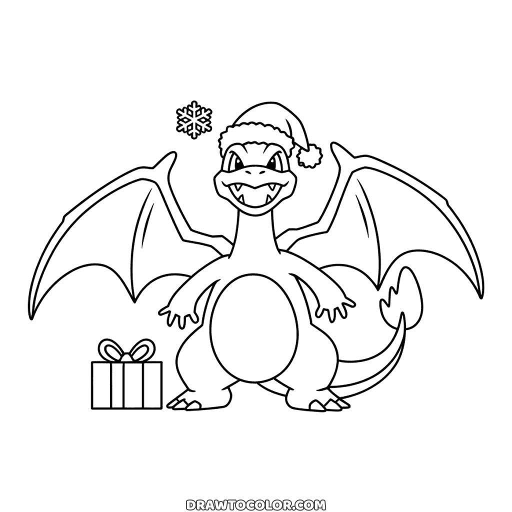 Charizard Pokémon in a Santa hat with wings spread wide, a Christmas gift at its feet and a snowflake above