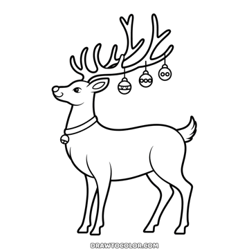 Christmas deer coloring page for older kids, a slender stag with four baubles hanging from its antlers