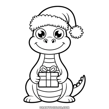 Coloring sheet of a Christmas dinosaur, big round eyes, a wide grin and a present held in both claws