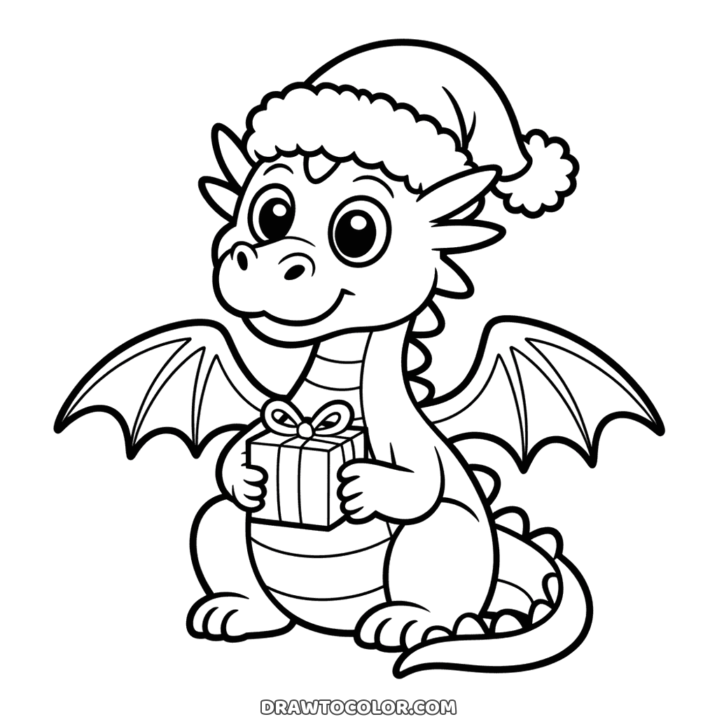 Coloring page of a little dragon for Christmas, bat wings, a Santa hat and a gift hugged to its tummy