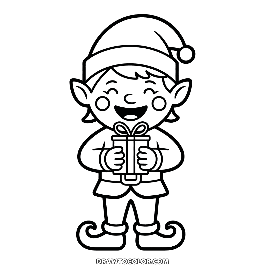 Laughing Christmas elf coloring page, pointed ears and a pompom hat, a gift held to his chest