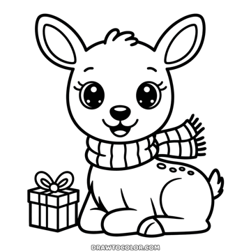 Christmas fawn to color, lying down in a striped scarf with big shiny eyes and a gift beside it