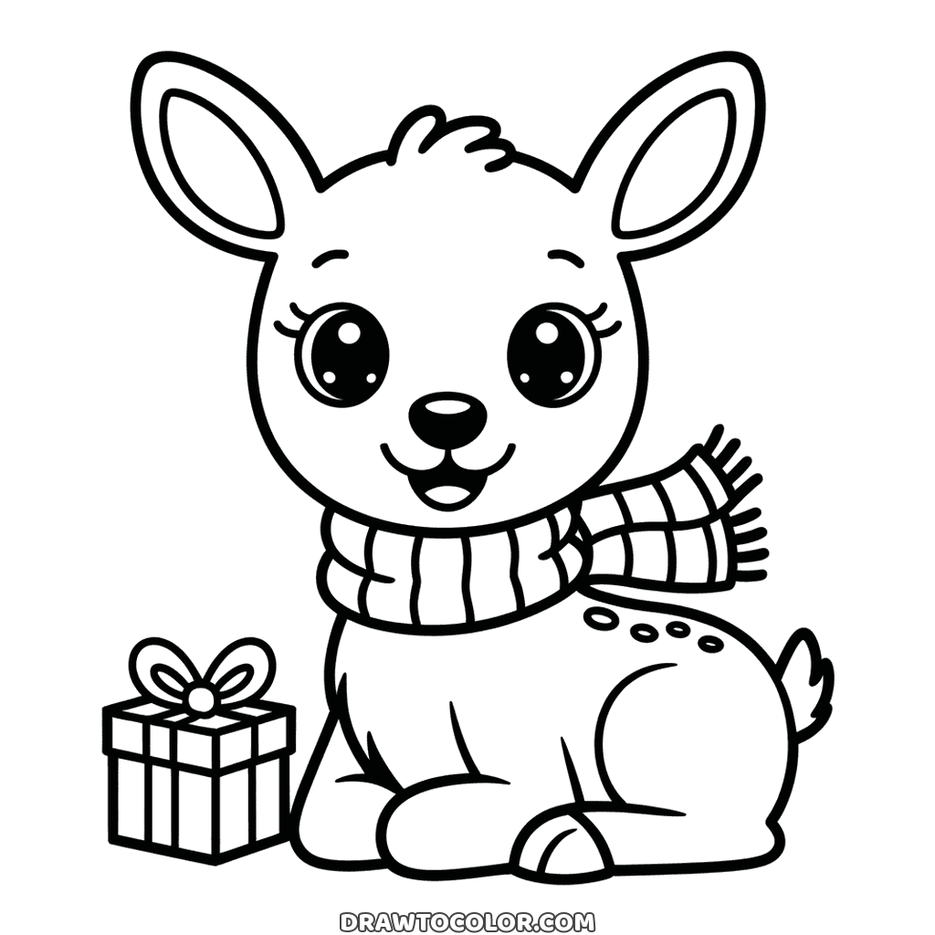 Cerbiatto di Natale sdraiato con la sciarpa a righe e un pacchetto, disegno facile e tenero