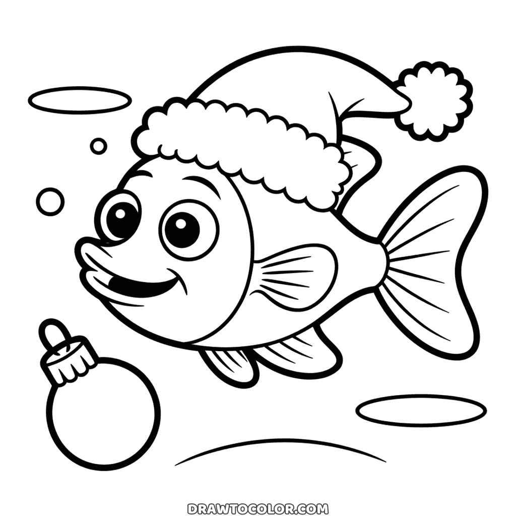Disegno buffo di un pesce col cappello di Natale che nuota accanto a una pallina