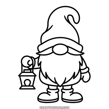 Cute Christmas gnome to color, a tall pointed hat over his eyes, a big beard and a lantern