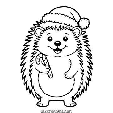 Easy hedgehog coloring page for Christmas, a coat of spikes, a Santa hat and a candy cane in one paw