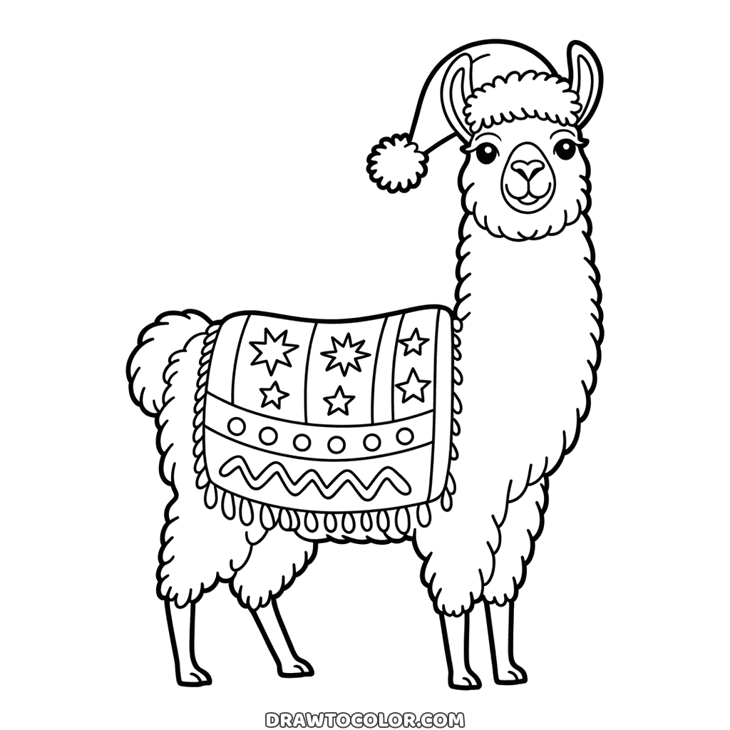 Lama di Natale con una coperta a stelle e zigzag sulla schiena, un disegno da colorare