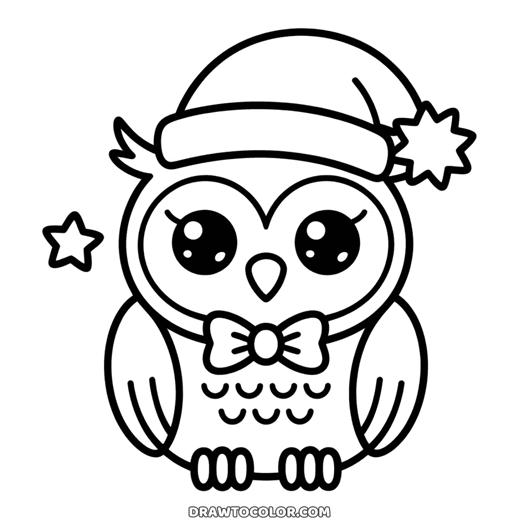 Easy owl coloring page for Christmas, huge round eyes, a bow tie and a Santa hat with a star