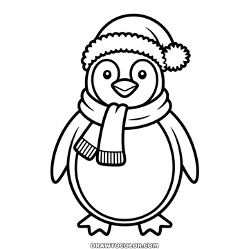 Coloring page for kids: a Christmas penguin with a big white belly and a scarf with fringed ends