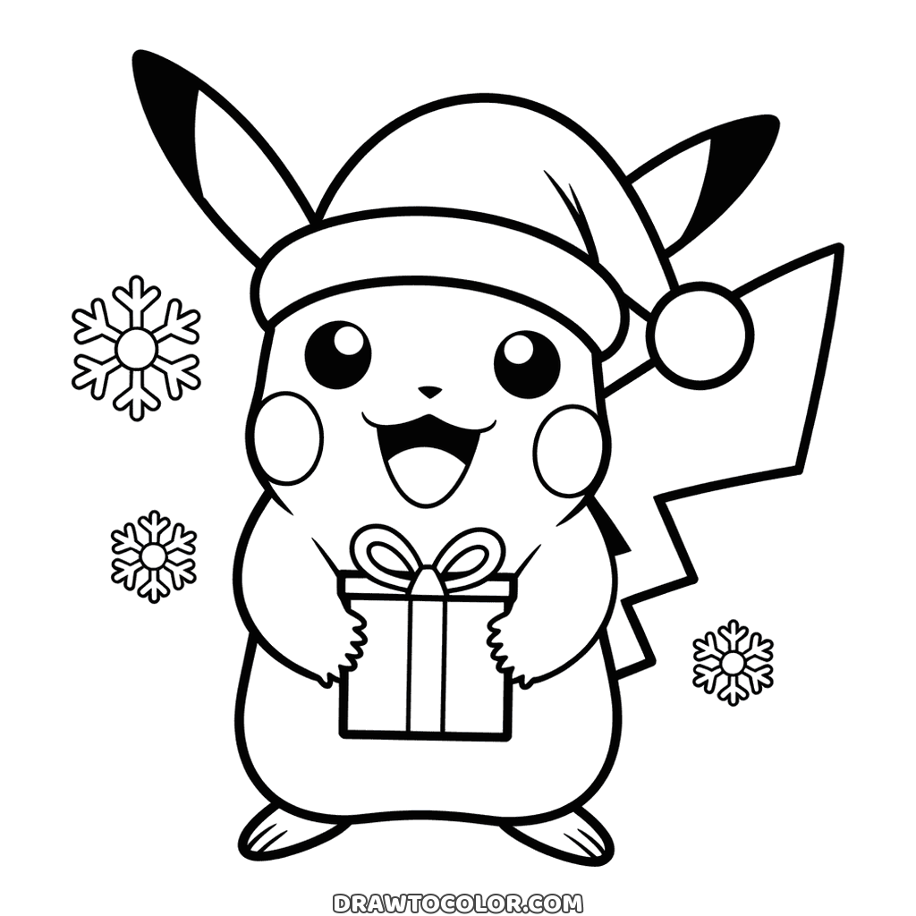Christmas Pikachu in a Santa hat holding a wrapped gift, snowflakes around, a Pokémon page to color