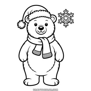 Polar bear coloring page for Christmas, a Santa hat, a fringed scarf and a snowflake beside him