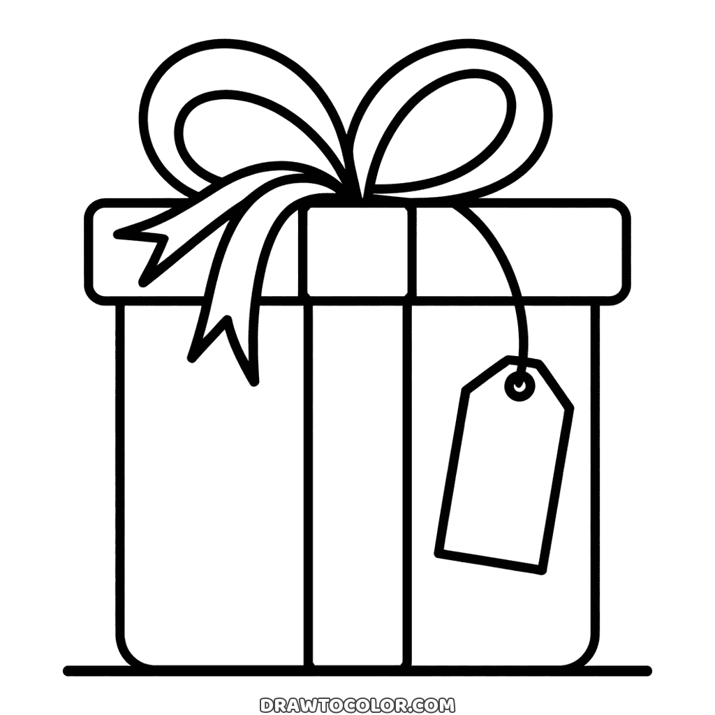 Coloring page of a Christmas present: a tall wrapped gift, a big bow and a blank tag on a string