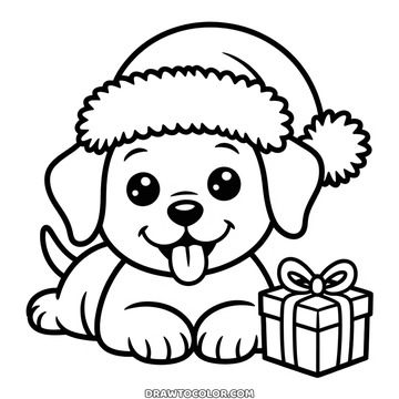 Happy Christmas puppy coloring page, tongue out under an oversized Santa hat, a gift by his paws