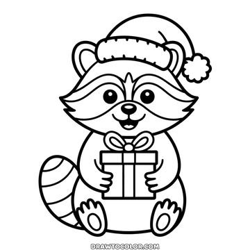 Cute Christmas raccoon coloring page, the black mask around its eyes, a striped tail and a big gift