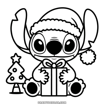 Christmas Stitch coloring page, Stitch in a Santa hat hugging a gift next to a small Christmas tree