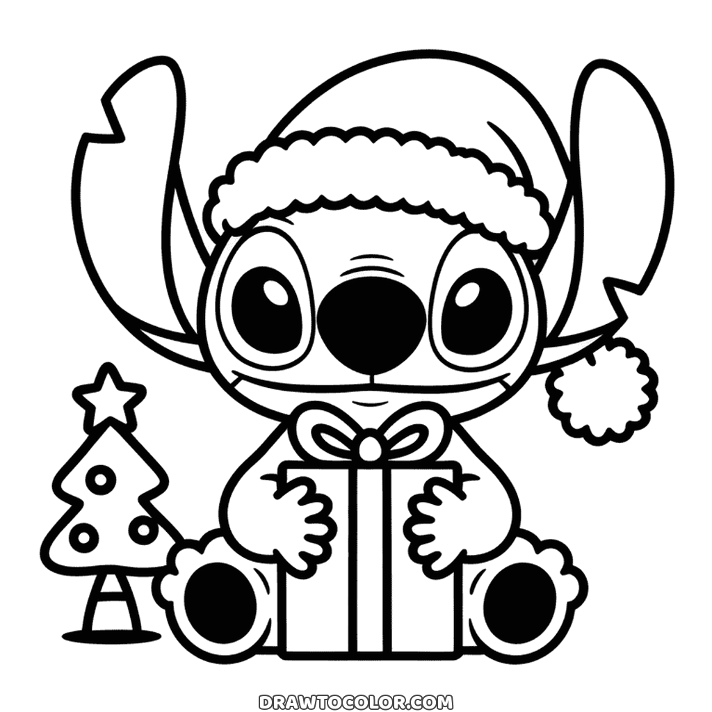 Ausmalbild Stitch an Weihnachten: Stitch mit Mütze umarmt ein Geschenk neben einem kleinen Bäumchen