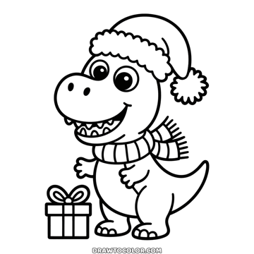 Christmas T-rex coloring page, a smiling dinosaur in a Santa hat and a striped scarf next to a gift box