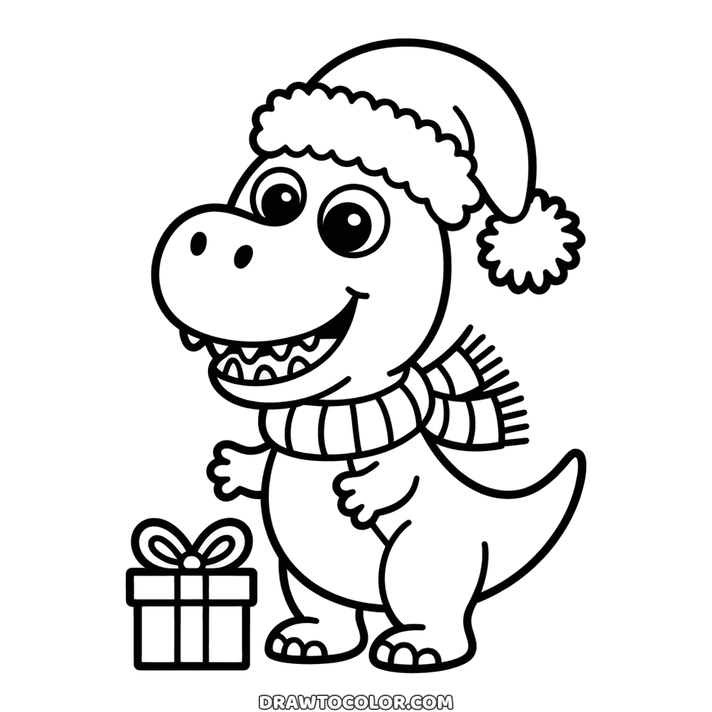 T-rex di Natale sorridente col cappello e la sciarpa a righe accanto a un regalo, da colorare