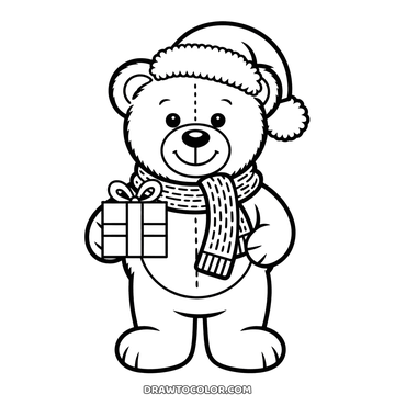 Teddy bear coloring page for Christmas, a seam down his tummy, a knitted scarf and a wrapped gift