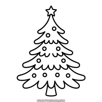 Simple Christmas tree coloring page: a star on top and round baubles waiting on each wavy branch