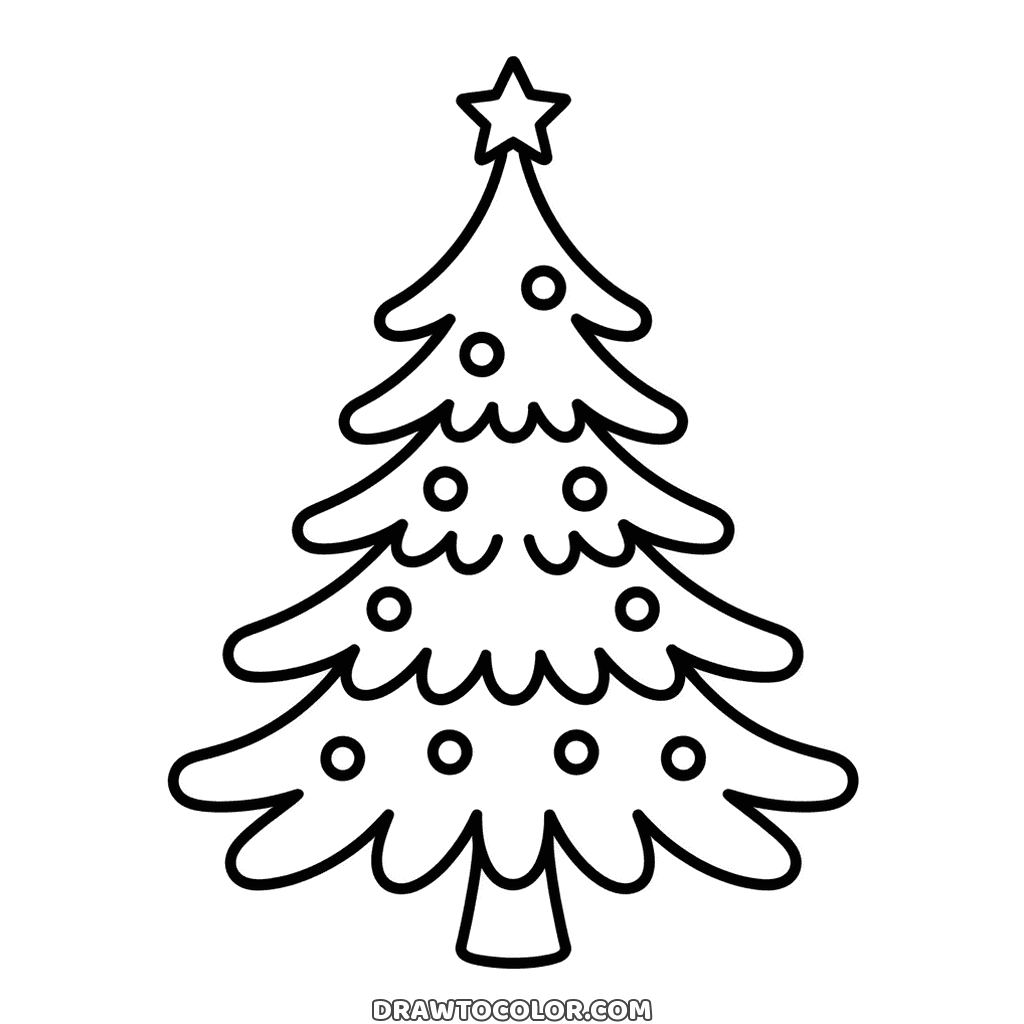 Christmas tree coloring page: a star on top and round baubles waiting on each wavy branch