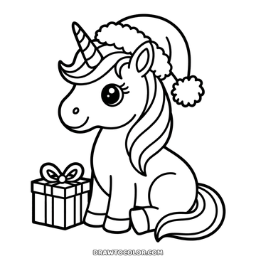 Christmas unicorn to color, a long curly mane and tail, a Santa hat and a present in front
