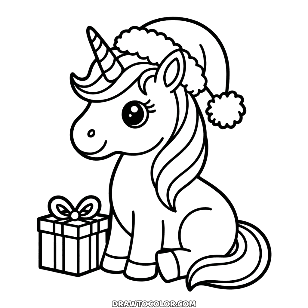Christmas unicorn to color, a long curly mane and tail, a Santa hat and a present in front