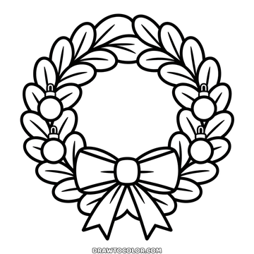 Christmas wreath to color with many leaves, four hanging baubles and a large bow at the bottom