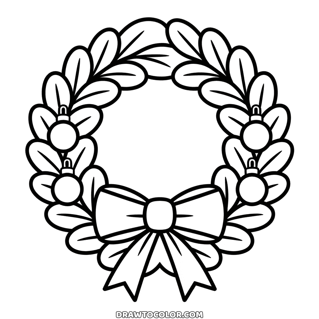 Christmas wreath to color with many leaves, four hanging baubles and a large bow at the bottom