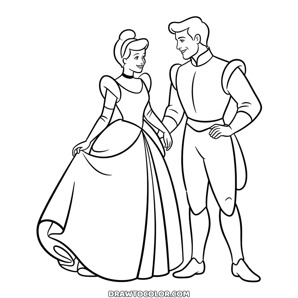 Cinderella coloring sheet with Prince Charming smiling at her as she lifts the edge of her ball gown
