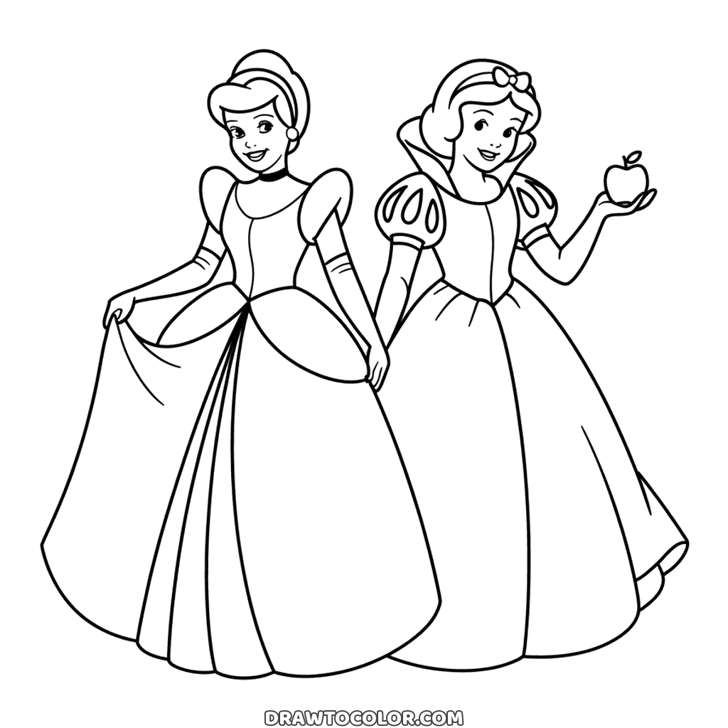 Cinderella and Snow White hand in hand in their gowns, an apple held up high, a Disney princess coloring page