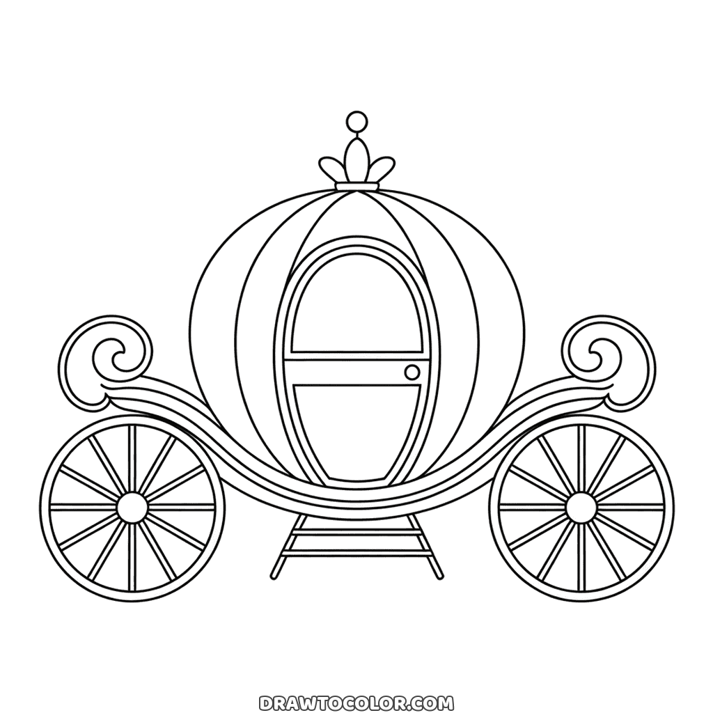 Cinderella's pumpkin carriage with an oval door, swirling scrolls, a little step and spoked wheels to color