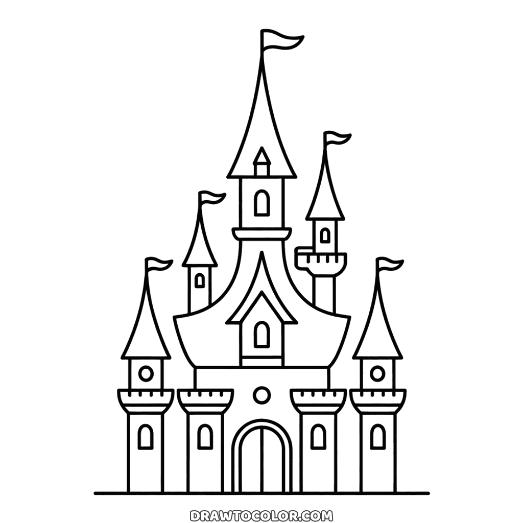 Fairy tale castle with a tall center spire, turrets flying flags and an arched gate, a drawing to color